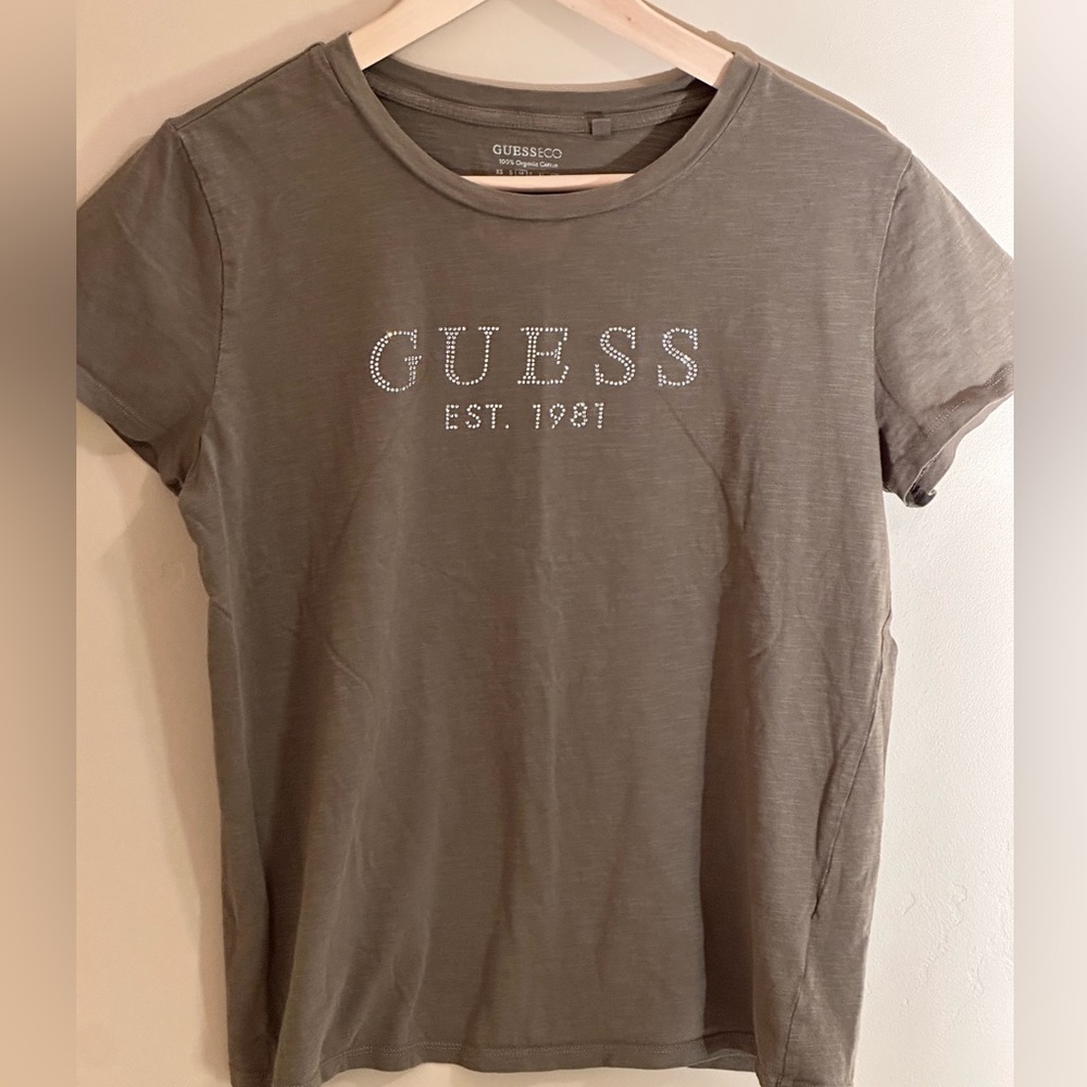 Guess Rhinestone Logo Tee Organic Cotton Olive XS